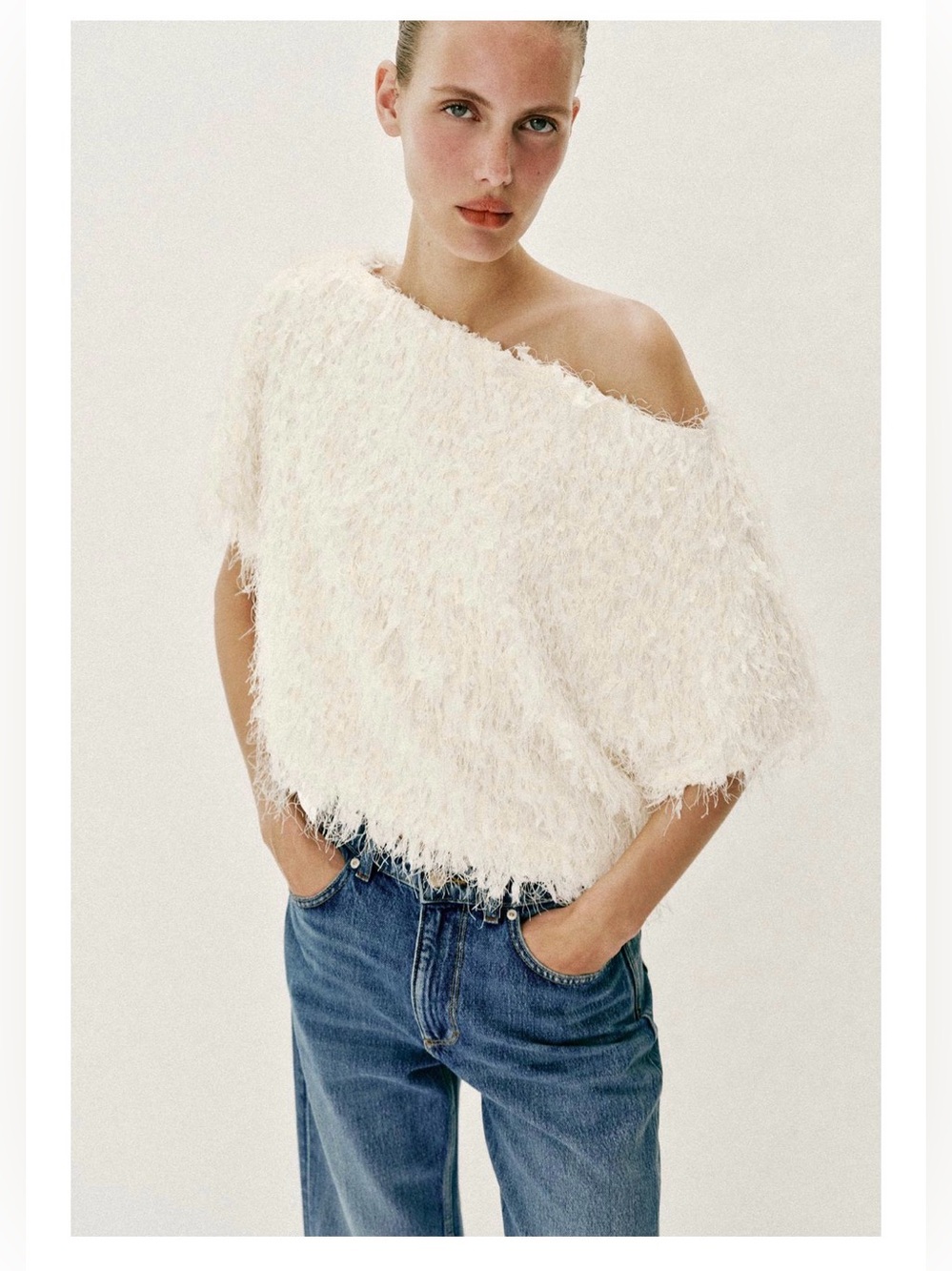 Zara Fringe Knit Top Off White Medium